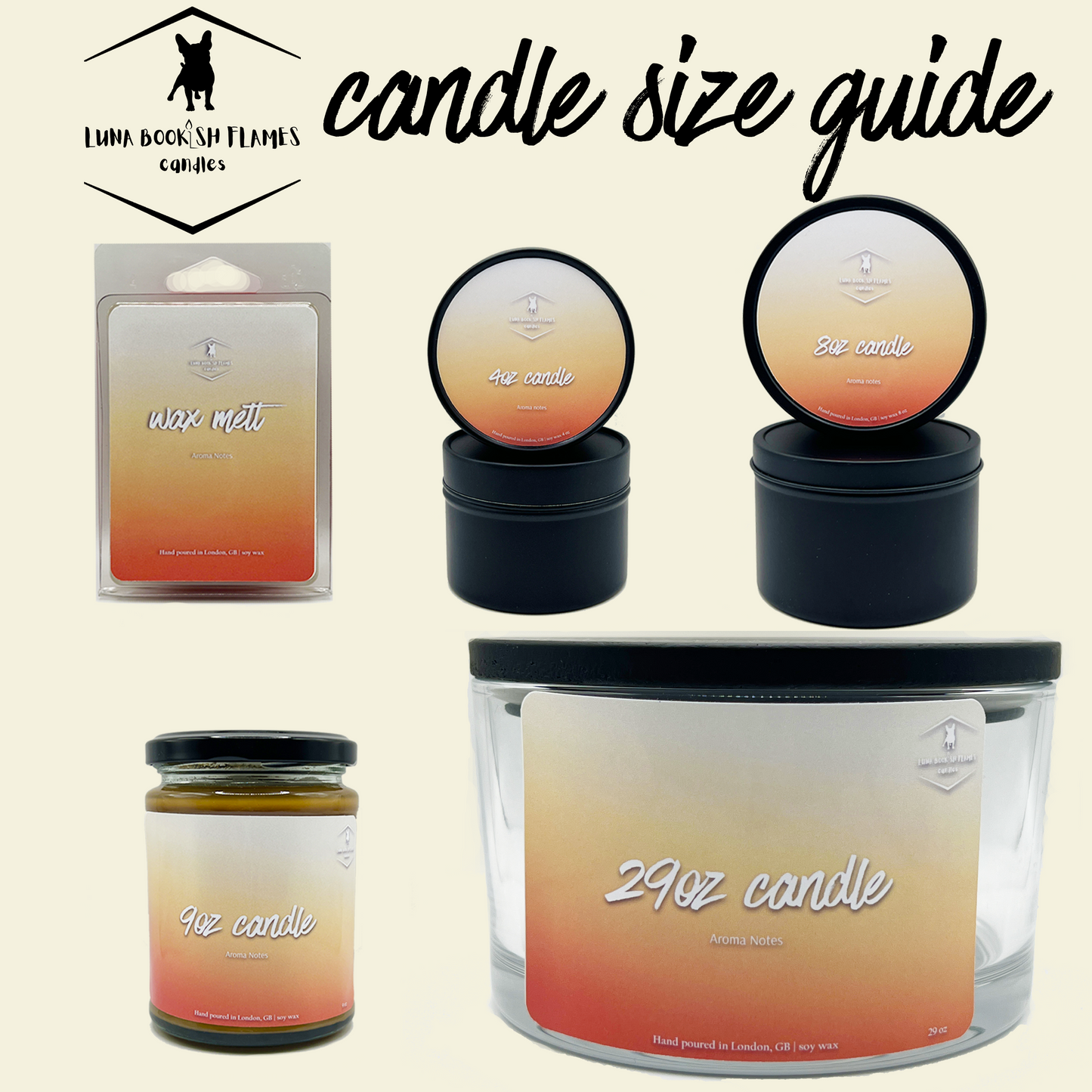 Candle size guide with various candle containers and wax melts on a beige background.